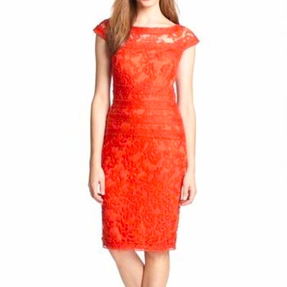 Tadashi Shoji Coral Red Embroidered Banded Lace Dress Size 4 Wedding Party Event - Picture 1 of 13